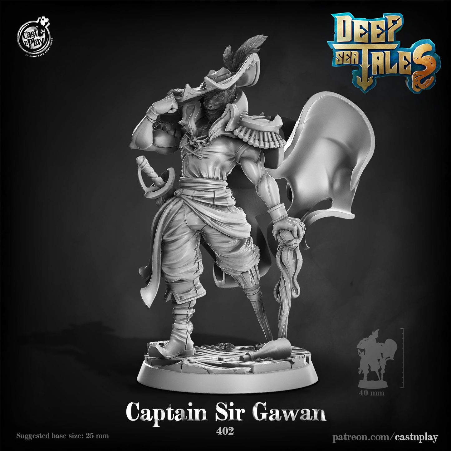 Pirate Captain Sir Gawan |  D&D  |  3D Printed | HD Resin Miniature | Cast n Play | Pathfinder | Tabletop