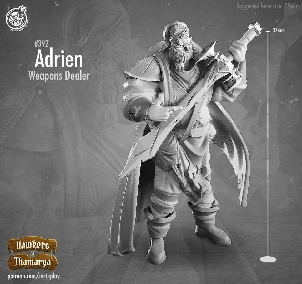 Adrien The Weapons Dealer |  D&D  |  3D Printed | HD Resin Miniature | Cast n Play | Pathfinder | Tabletop