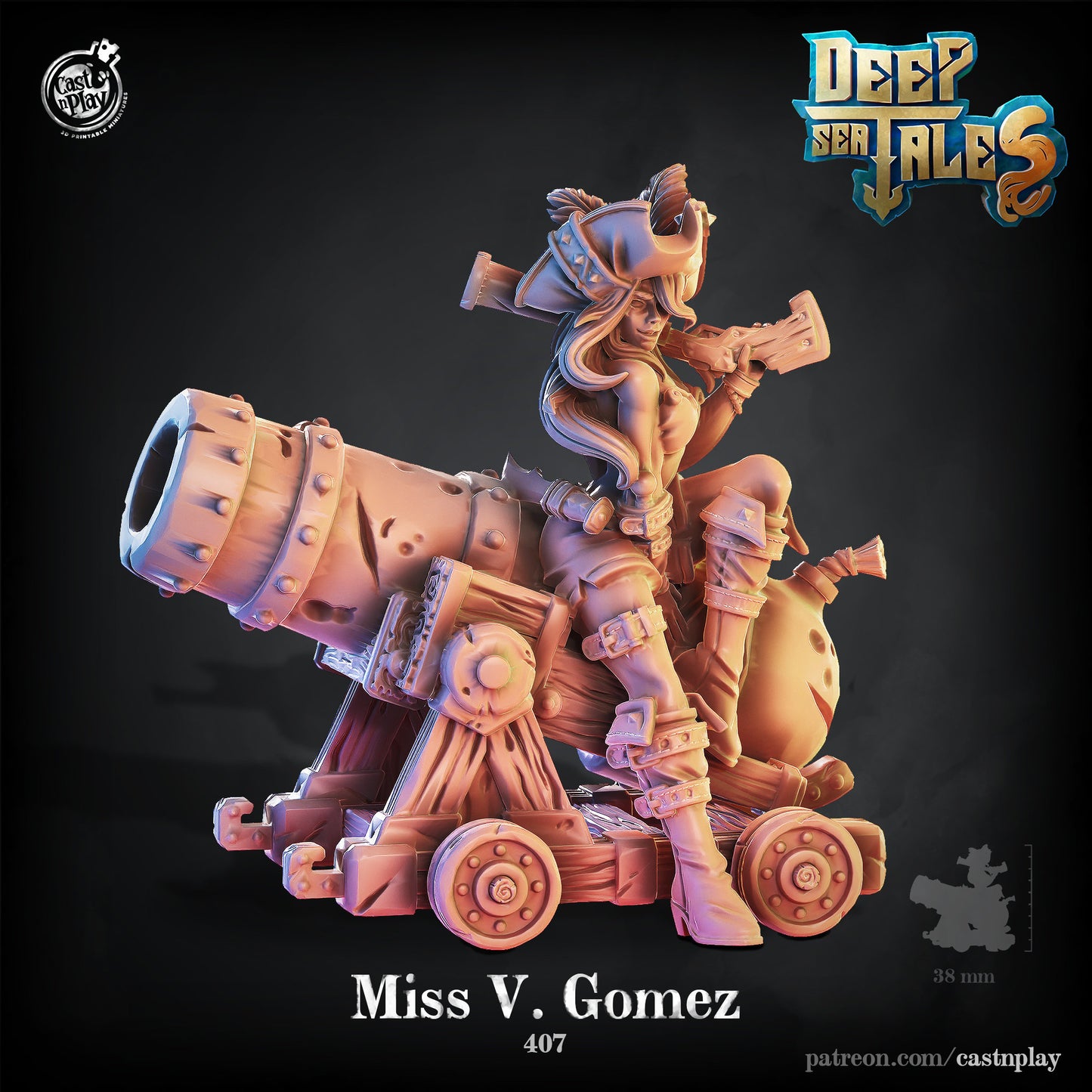 Miss Vixen Gomez | Female pirate | Cannon |  D&D  |  3D Printed | HD Resin Miniature | Cast n Play | Pathfinder | Tabletop