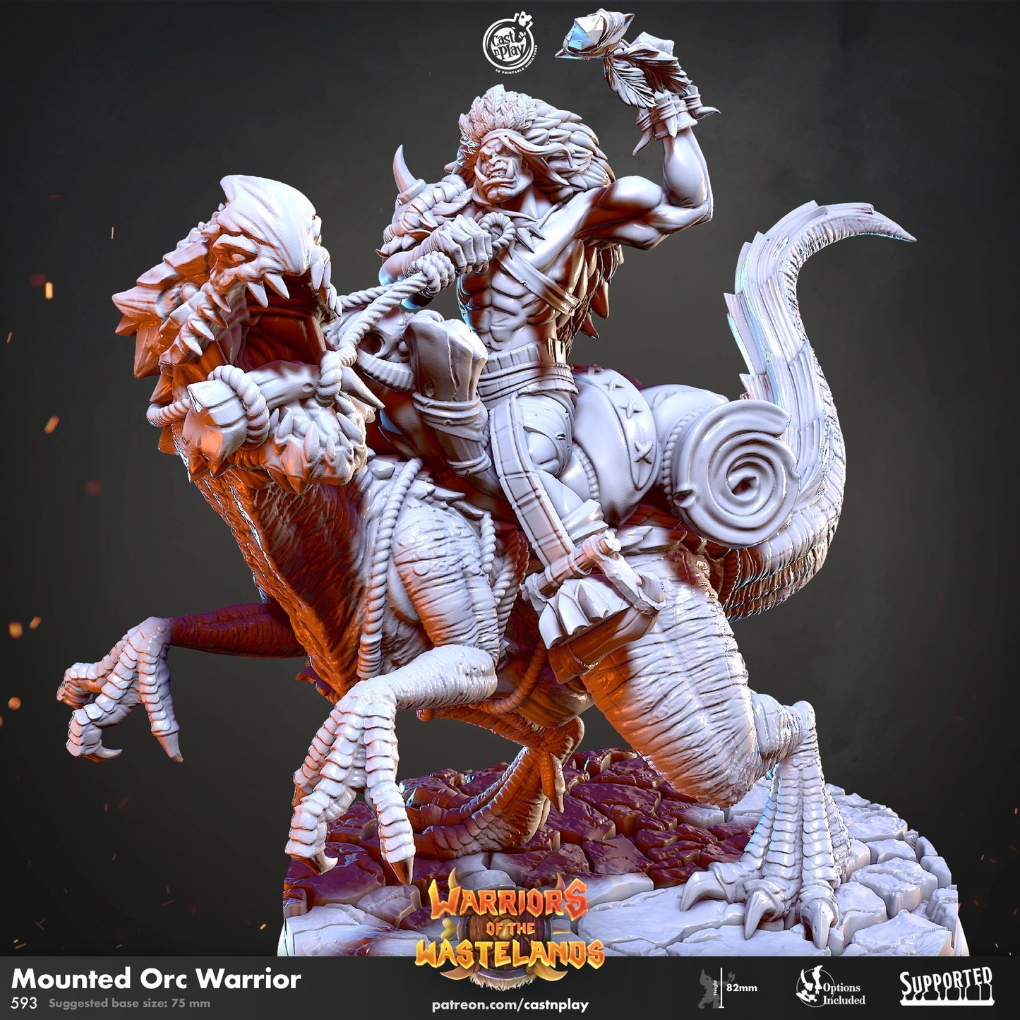 The Mounted Orc Warrior |  D&D  |  3D Printed | HD Resin Miniature | Cast n Play | Pathfinder | Tabletop | Orctober | Dinosaur