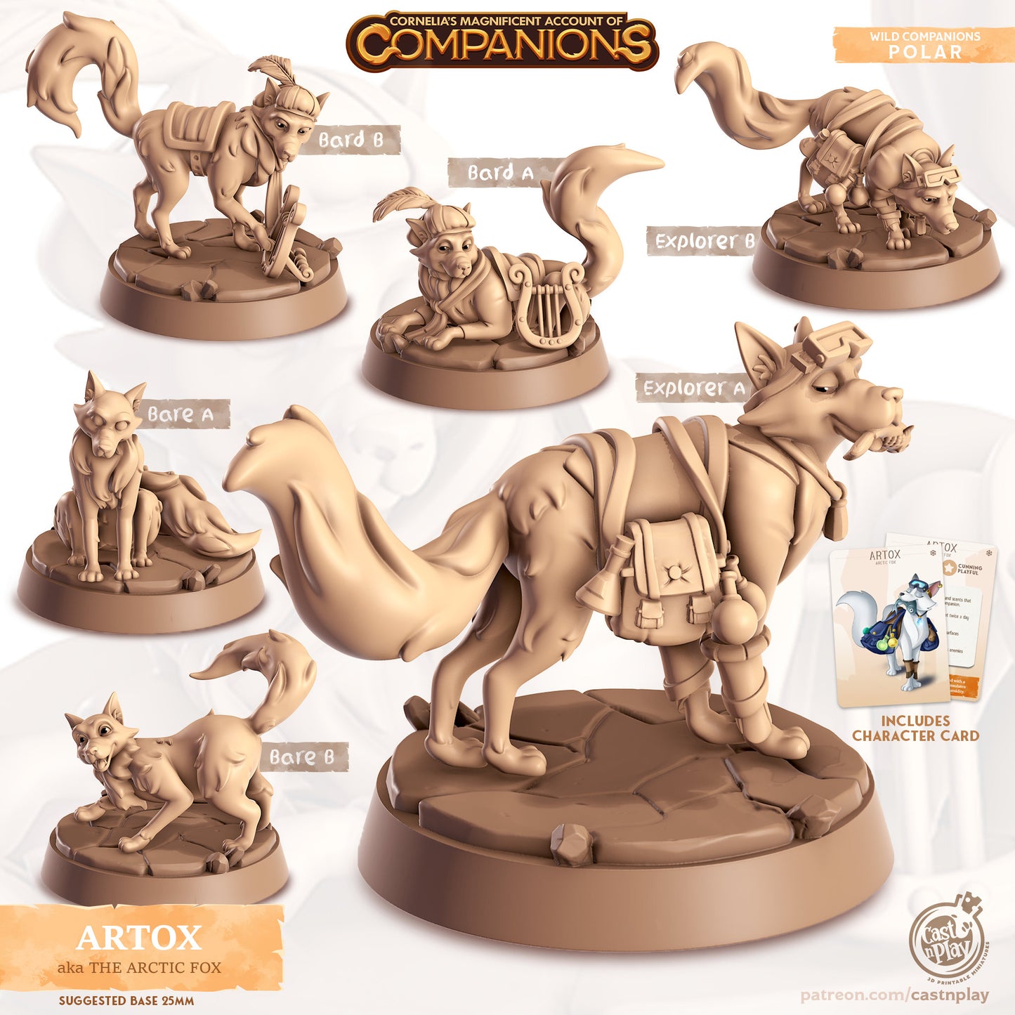 Artox - The Arctic Fox Companion | D&D | 3D Printed | HD Resin Miniature | Cast n Play | Pathfinder | Tabletop | pet | Companions | Familiar