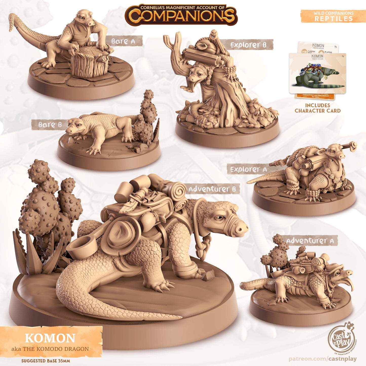 Komon, The Komodo Dragon Companion | D&D | 3D Printed | Cast n Play | Pathfinder | Tabletop | Pet | Companions | Familiar