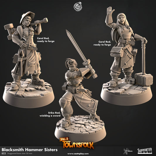 Blacksmith Hammer Sisters | D&D | Miniature | Townsfolk | Forge | NPC | Lady | Men | People | Strong Women