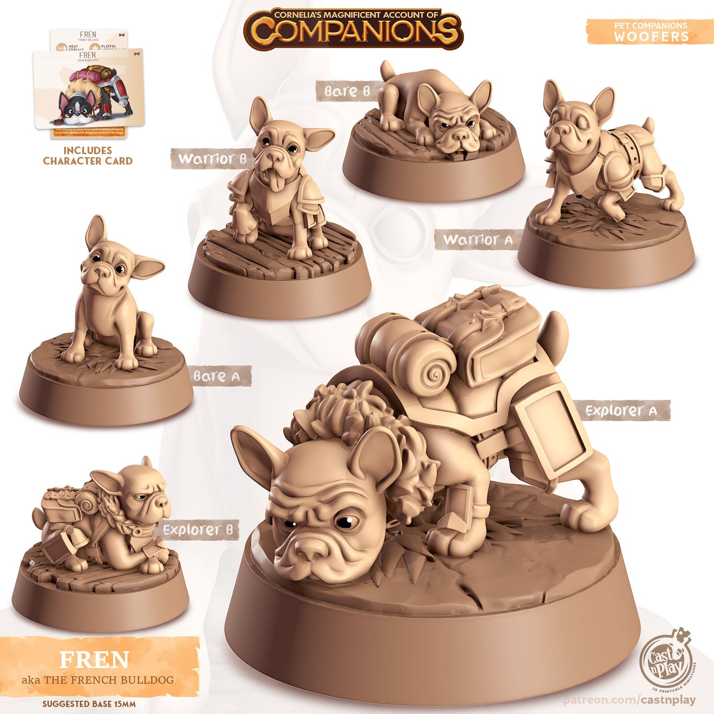 Fren, The French Bulldog | D&D | 3D Printed | HD Resin Miniature | Cast n Play | Pathfinder | Tabletop | Dog | Companions | Familiar