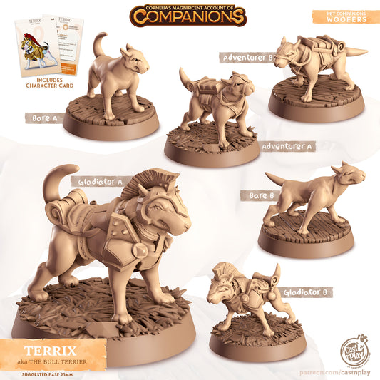 Terrix, the Bull Terrier | D&D | 3D Printed | HD Resin Miniature | Cast n Play | Pathfinder | Tabletop | Dog | Companions | Familiar