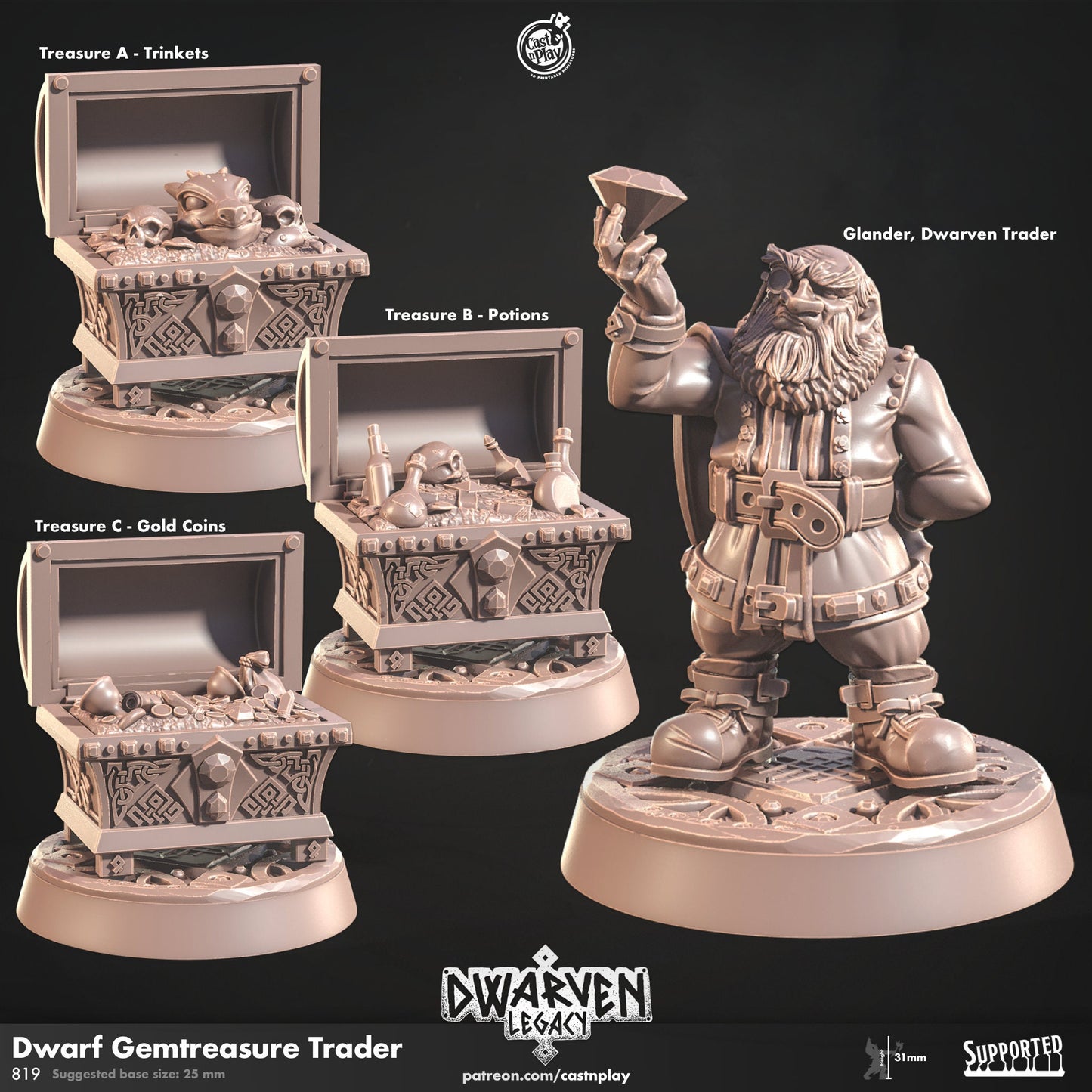 Dwarf Gemtreasure Trader | D&D | 3D Printed | HD Resin Miniature | Cast n Play | Pathfinder | Tabletop | Dwarven | Army | Dwarf Legacy