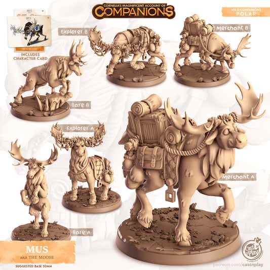 Mus, The Moose | D&D | 3D Printed | HD Resin Miniature | Cast n Play | Pathfinder | Tabletop | Moose | Companions | Familiar