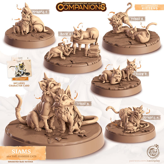 Siams , the Siamese Cats | D&D | 3D Printed | HD Resin Miniature | Cast n Play | Pathfinder | Tabletop | Cat | Companions | Familiar