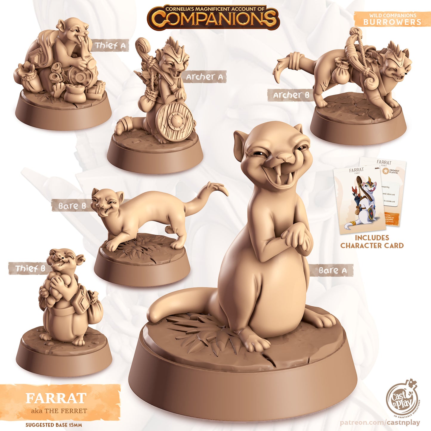 Farrat, The Ferret | D&D | 3D Printed | HD Resin Miniature | Cast n Play | Pathfinder | Tabletop | Ferret | Companions | Familiar