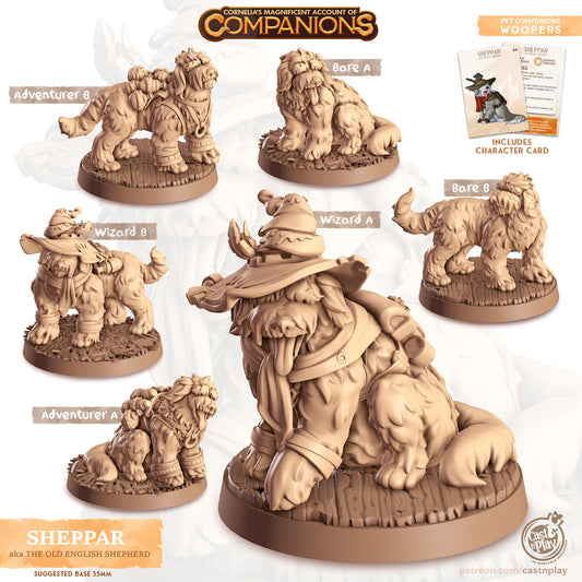 Sheppar, Old English Shepherd | D&D | 3D Printed | HD Resin Miniature | Cast n Play | Pathfinder | Tabletop | Dog | Companions | Familiar