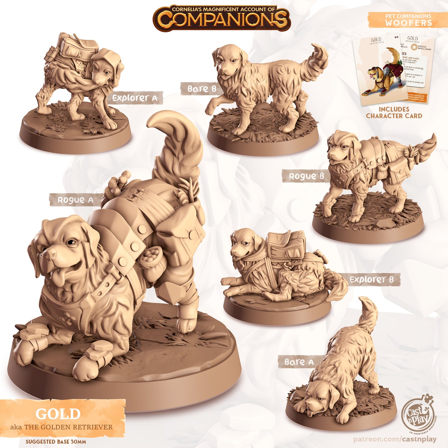 Gold, The Golden Retriever | D&D | 3D Printed | HD Resin Miniature | Cast n Play | Pathfinder | Tabletop | Dog | Companions | Familiar