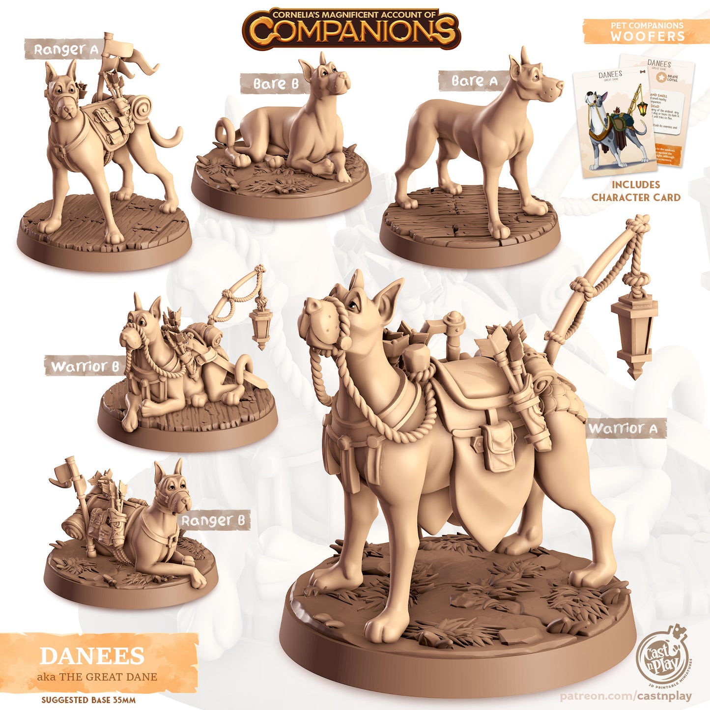 Danees, The Great Dane | D&D | 3D Printed | HD Resin Miniature | Cast n Play | Pathfinder | Tabletop | Dog | Companions | Familiar