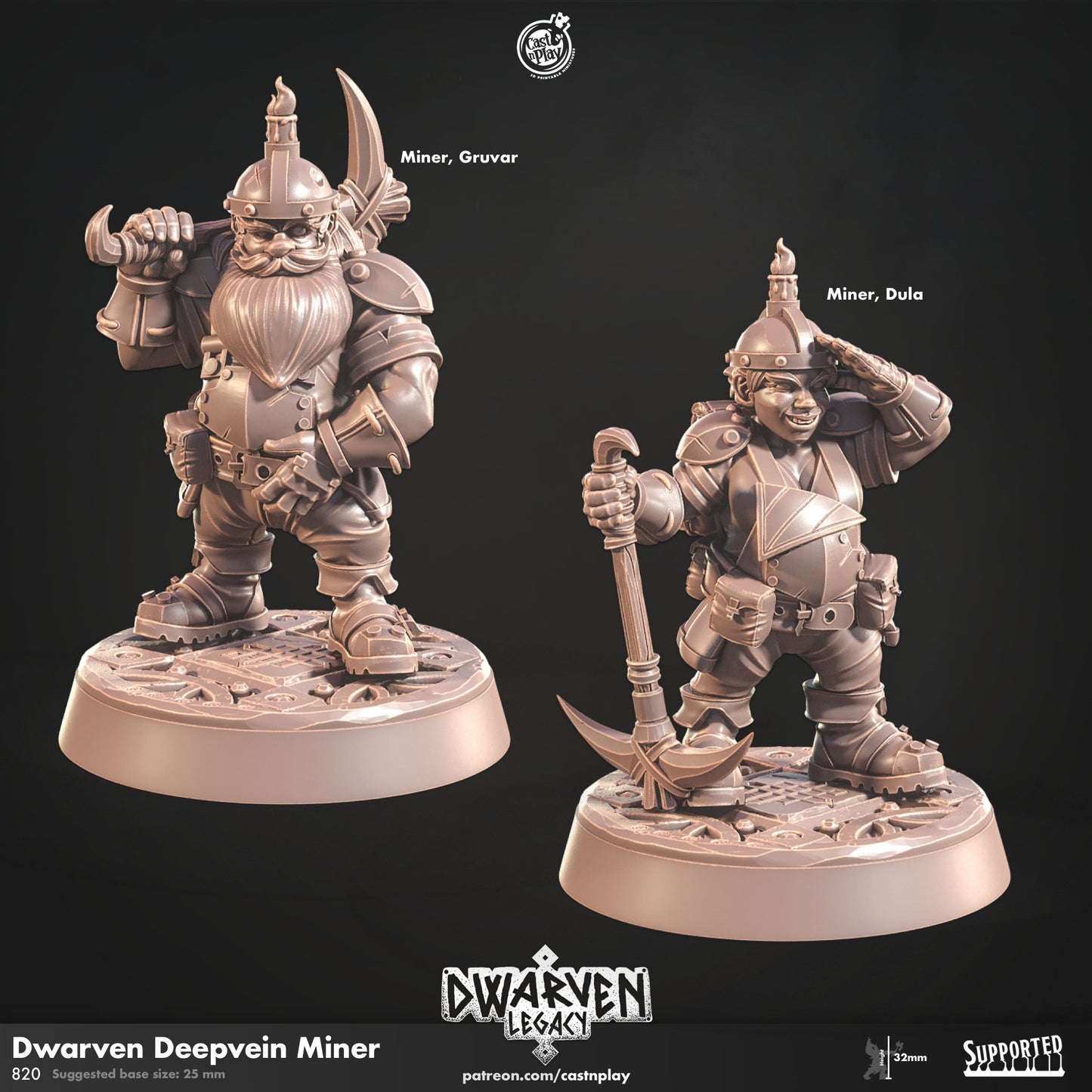 Dwarf Deepvein Miner | D&D | 3D Printed | HD Resin Miniature | Cast n Play | Pathfinder | Tabletop | Dwarven | Army | Dwarf Legacy