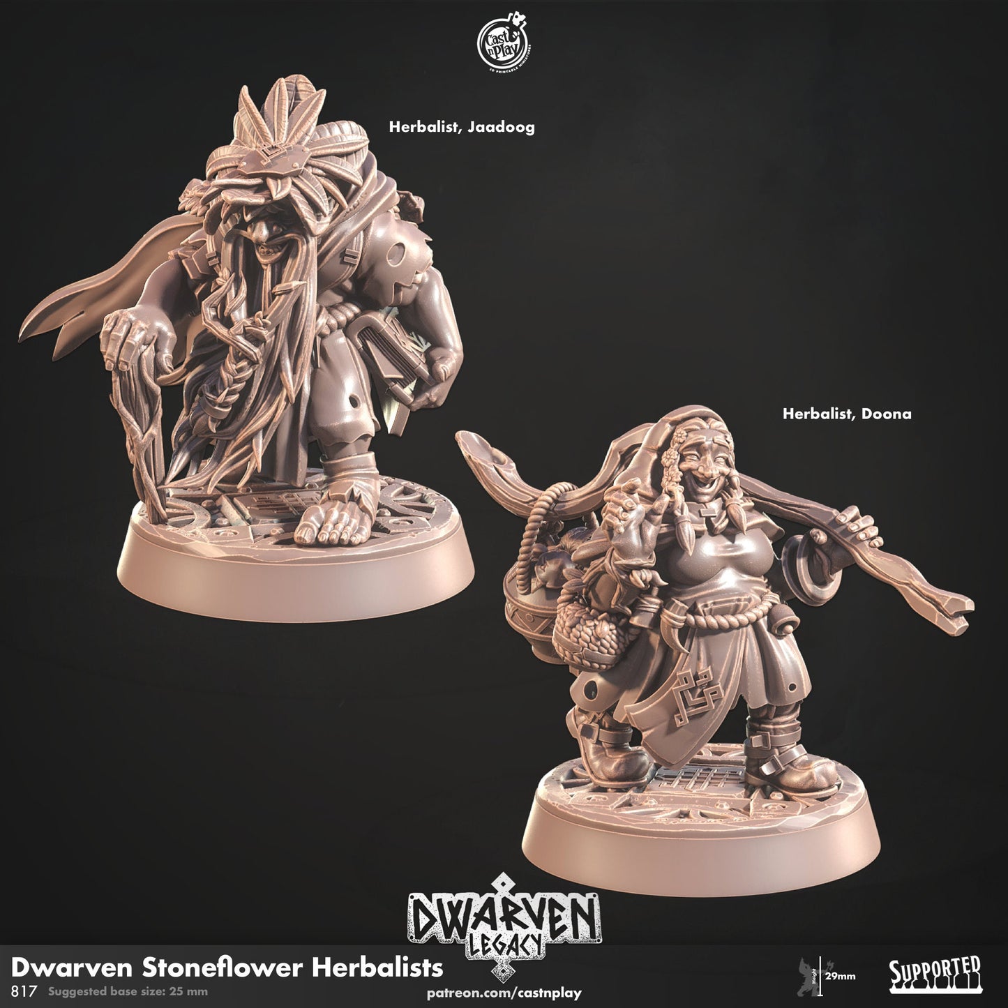 Dwarf Stoneflower Herbalist | D&D | 3D Printed | HD Resin Miniature | Cast n Play | Pathfinder | Tabletop | Dwarven | Army | Dwarf Legacy